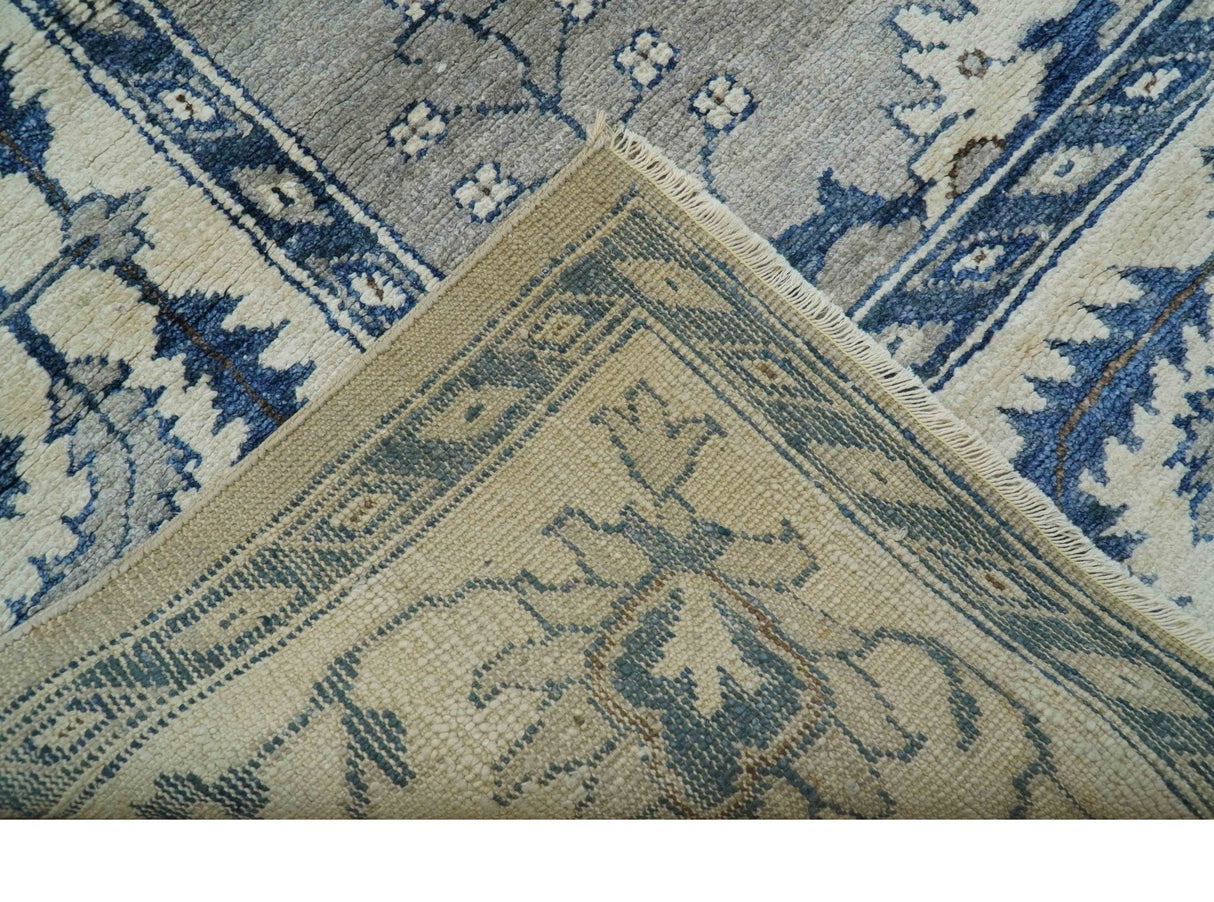 Traditional Oriental Gray And Blue Hand knotted Art Silk Area Rug