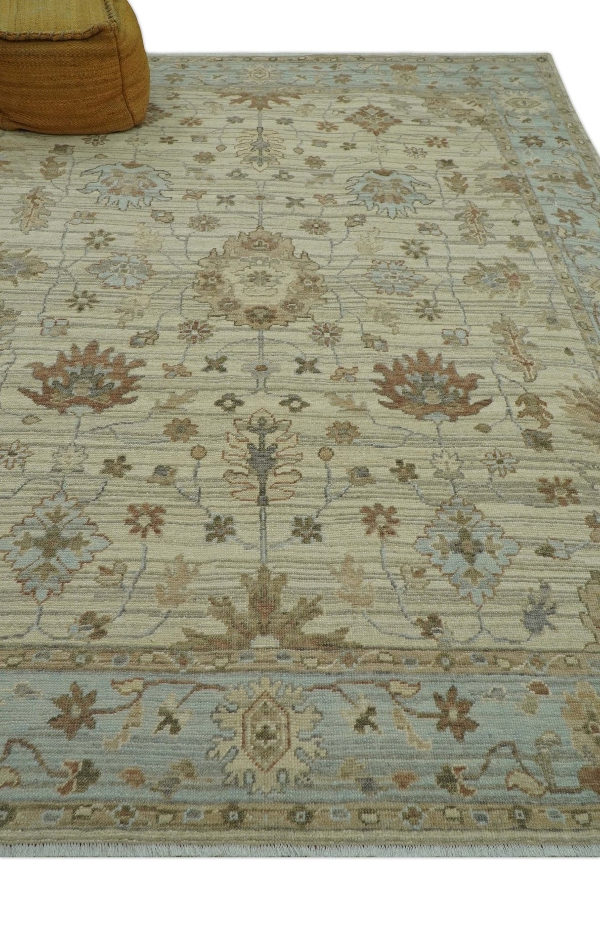 Traditional Oushak Beige, Brown And Blue Hand Knotted Custom Made Wool rug