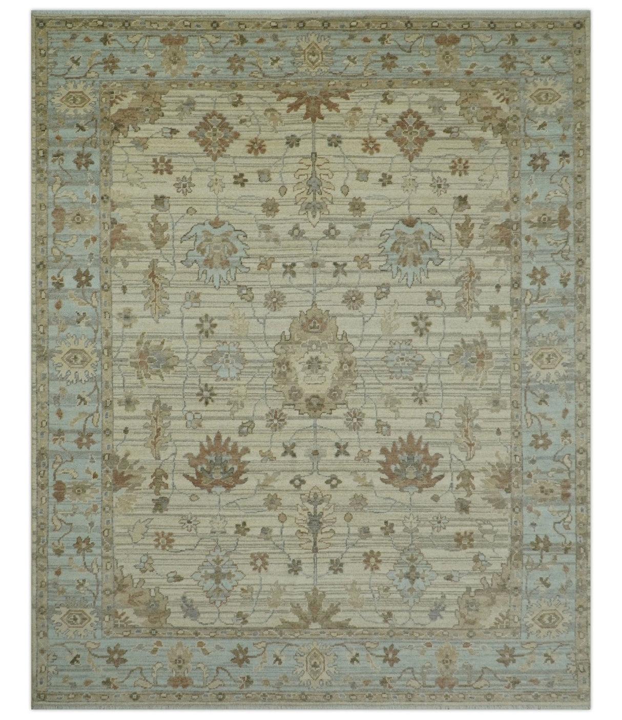 Traditional Oushak Beige, Brown And Blue Hand Knotted Custom Made Wool rug