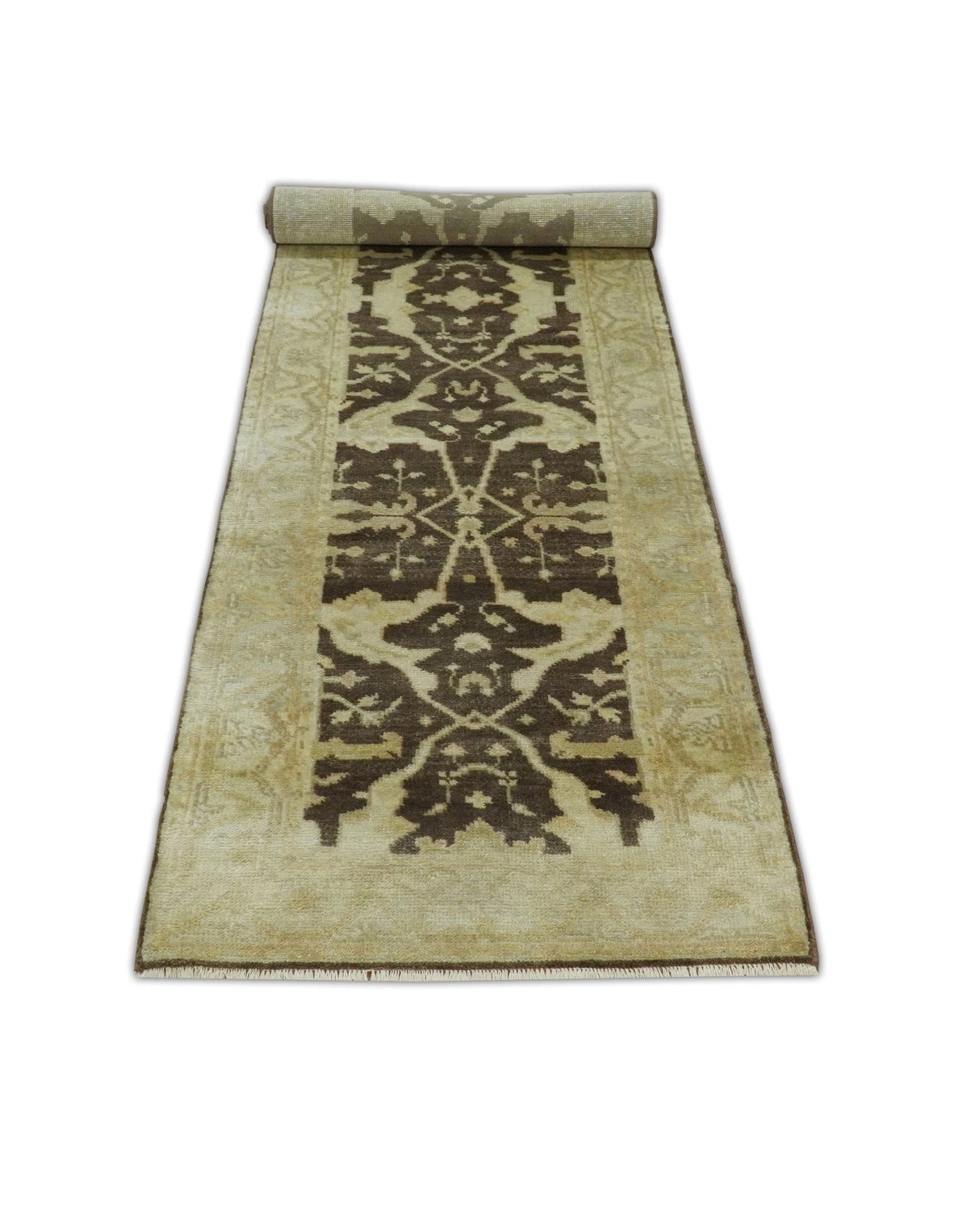 Traditional Oushak Brown and Beige Hand Knotted Wool Area Rug