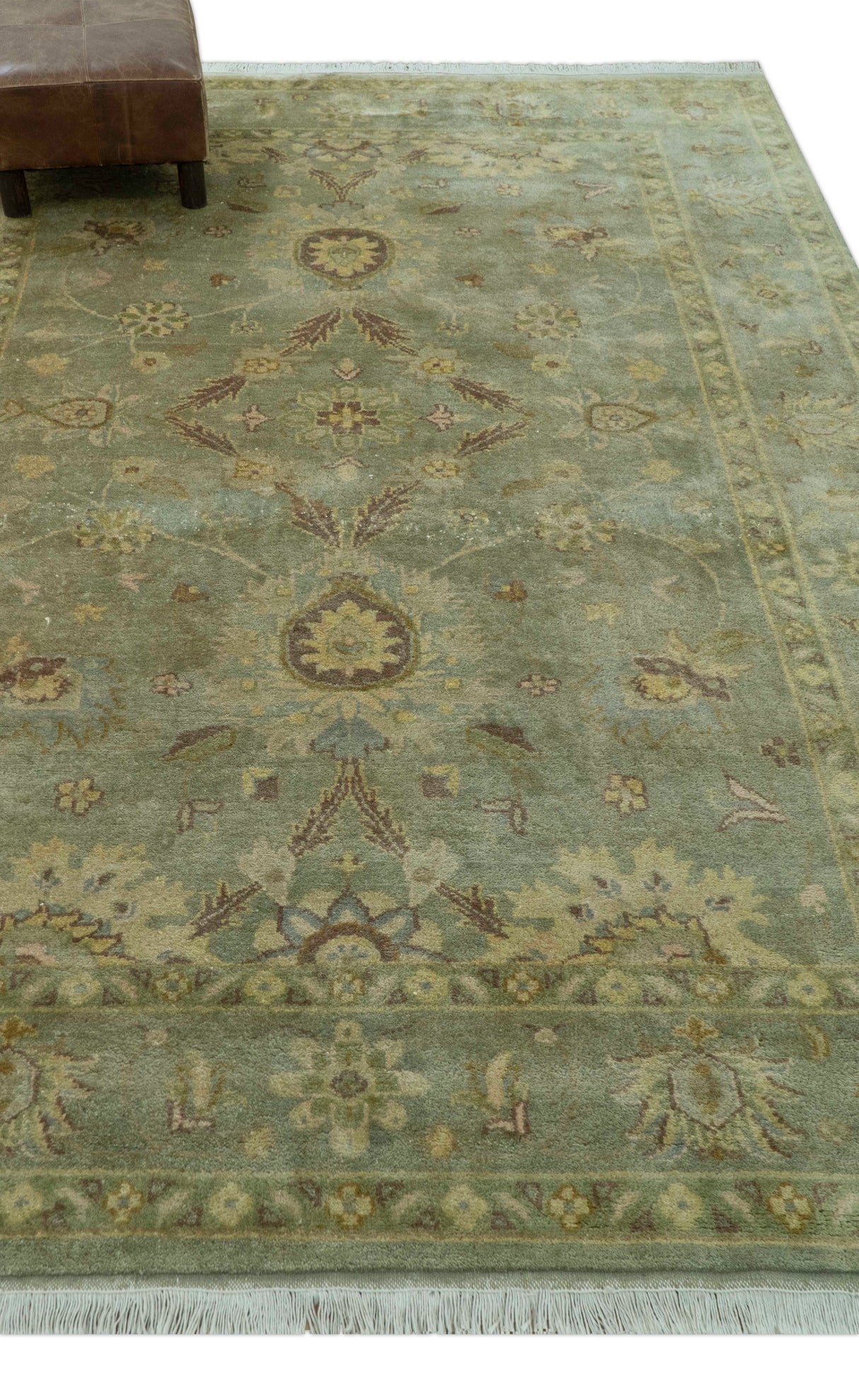 Traditional Oushak Design Antique Green And Brown 6x9 Hand Knotted Wool Rug