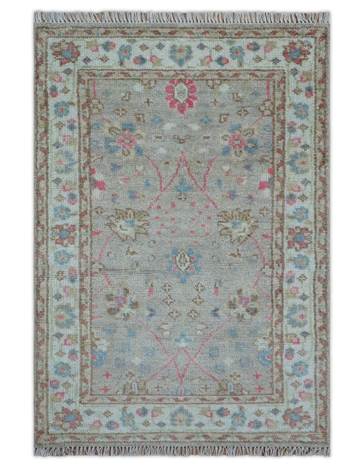 Traditional Oushak Design Beige And Blue 4x6 Hand knotted Wool Area Rug