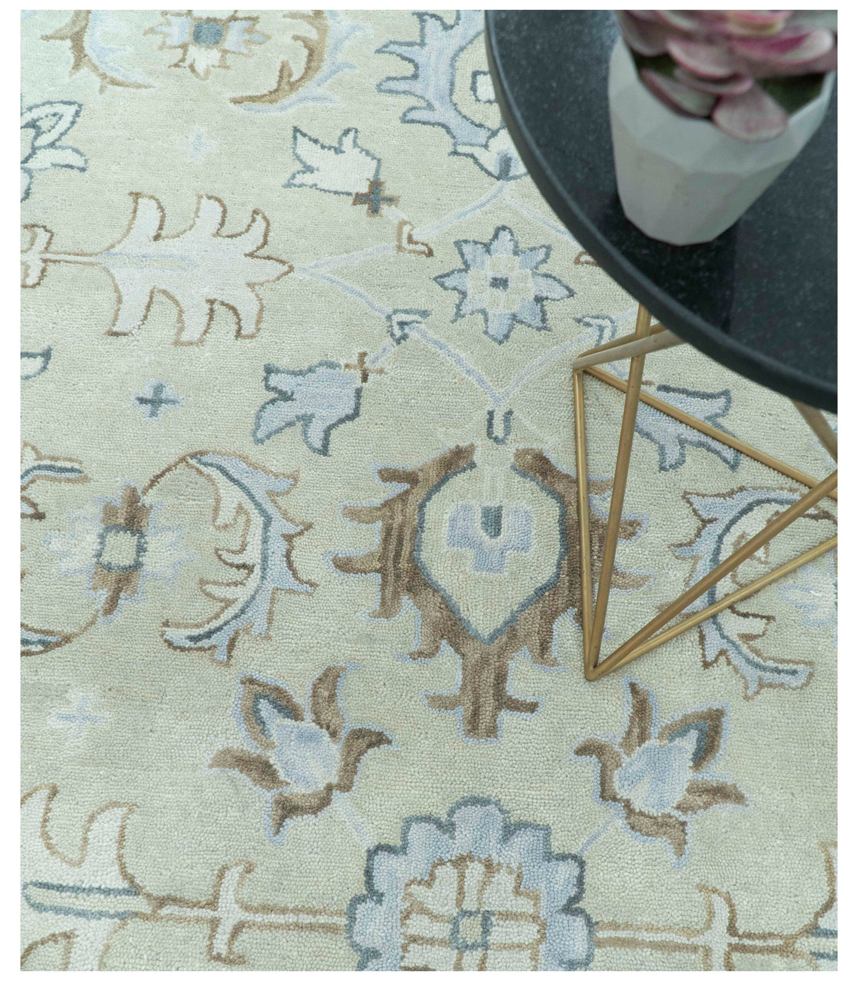 Traditional Oushak Design Beige And Blue Hand Tufted Custom Made Wool Rug