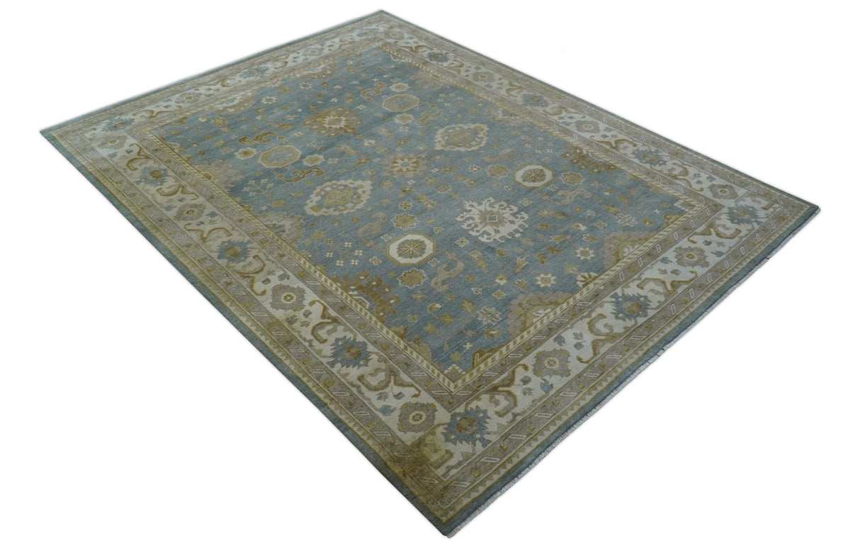 Traditional Oushak Design Blue And Beige 10x14 Hand Knotted Wool Rug