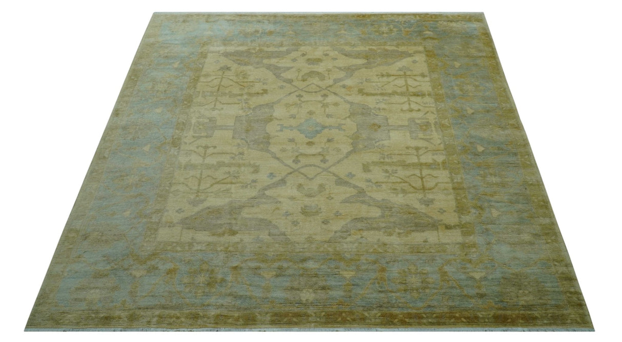 Traditional Oushak Design Blue And Beige Hand Knotted 10x10 Wool Area Rug