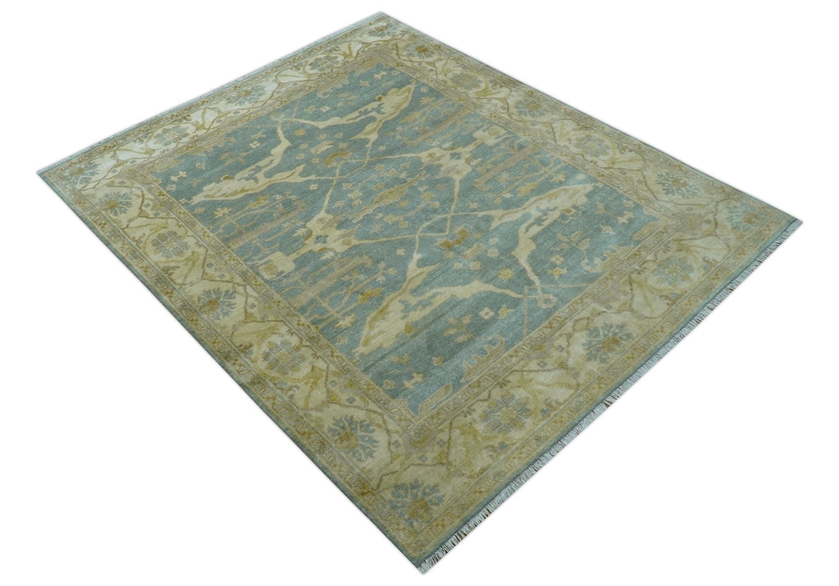Traditional Oushak Design Blue And Beige Hand Knotted 8x10 Wool Area Rug