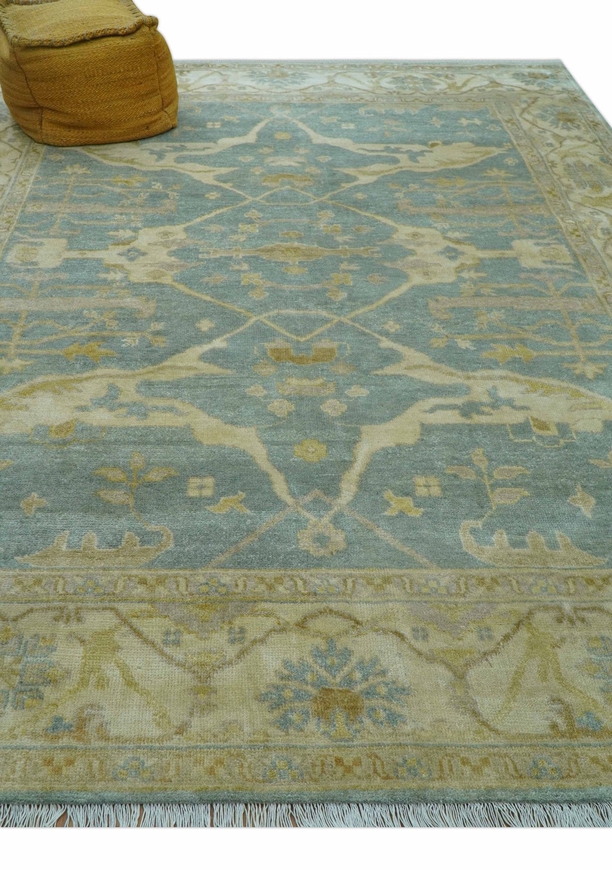 Traditional Oushak Design Blue And Beige Hand Knotted 8x10 Wool Area Rug