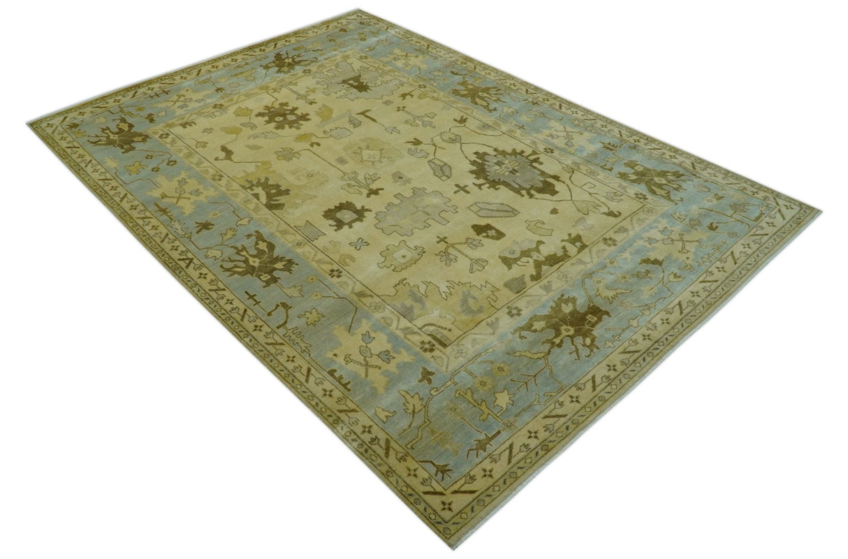 Traditional Oushak Design Blue And Beige Hand Knotted 9x13 Wool Area Rug