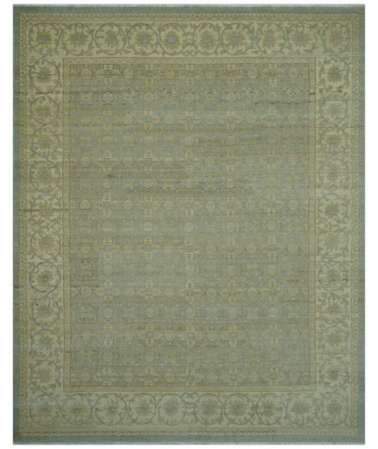 Traditional Oushak Design Green And Blue 11.5x14.6 Hand Knotted Wool Area Rug