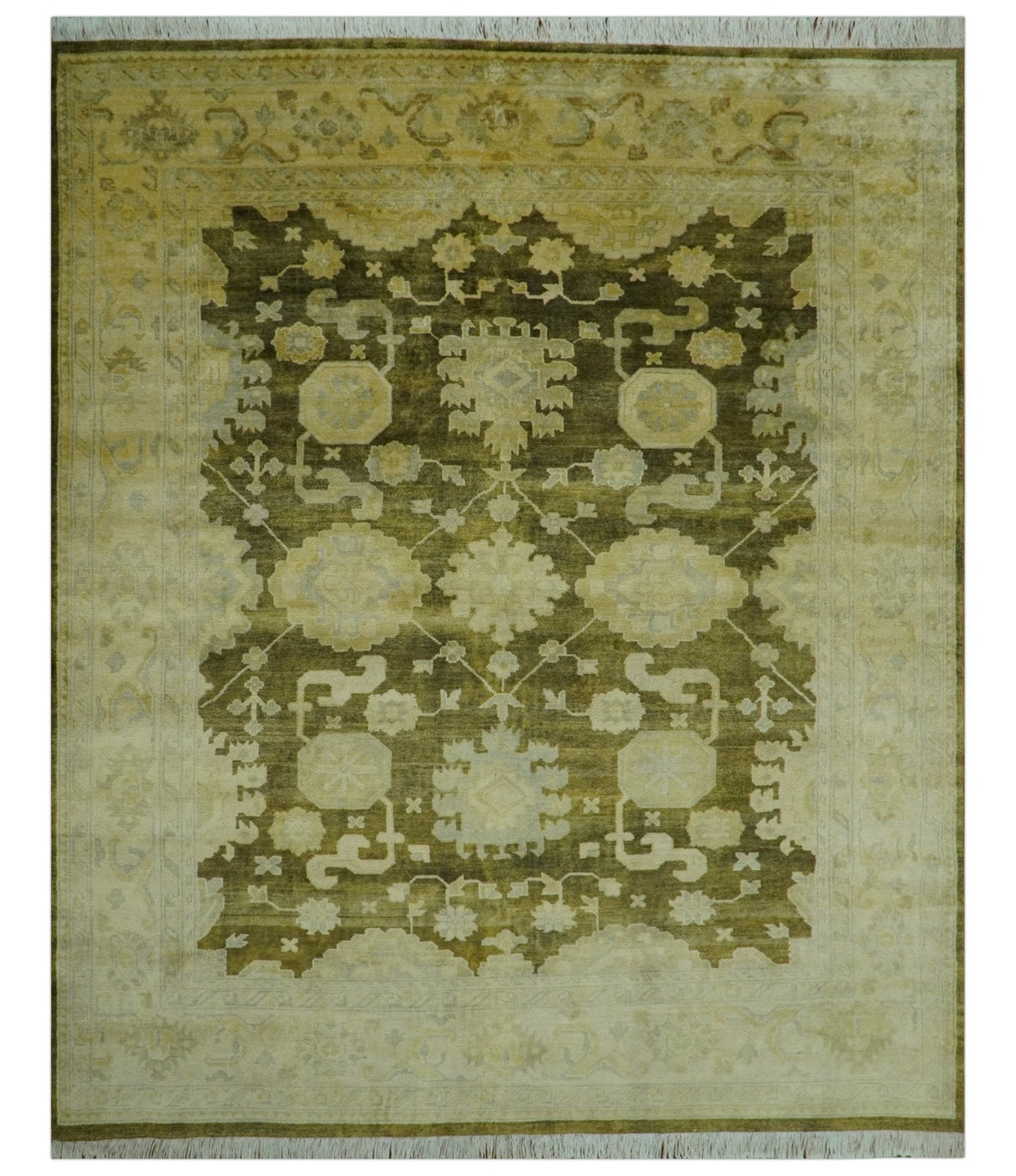 Traditional Oushak Design Olive And Beige Hand Knotted 8x10 Wool Area Rug
