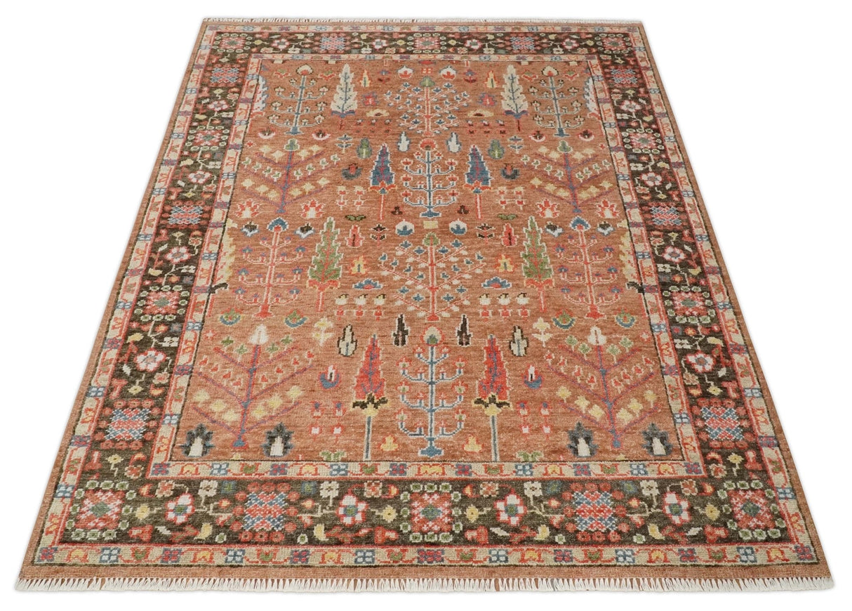 Traditional Oushak Tree of Life Rust and Brown Hand Knotted Wool Rug
