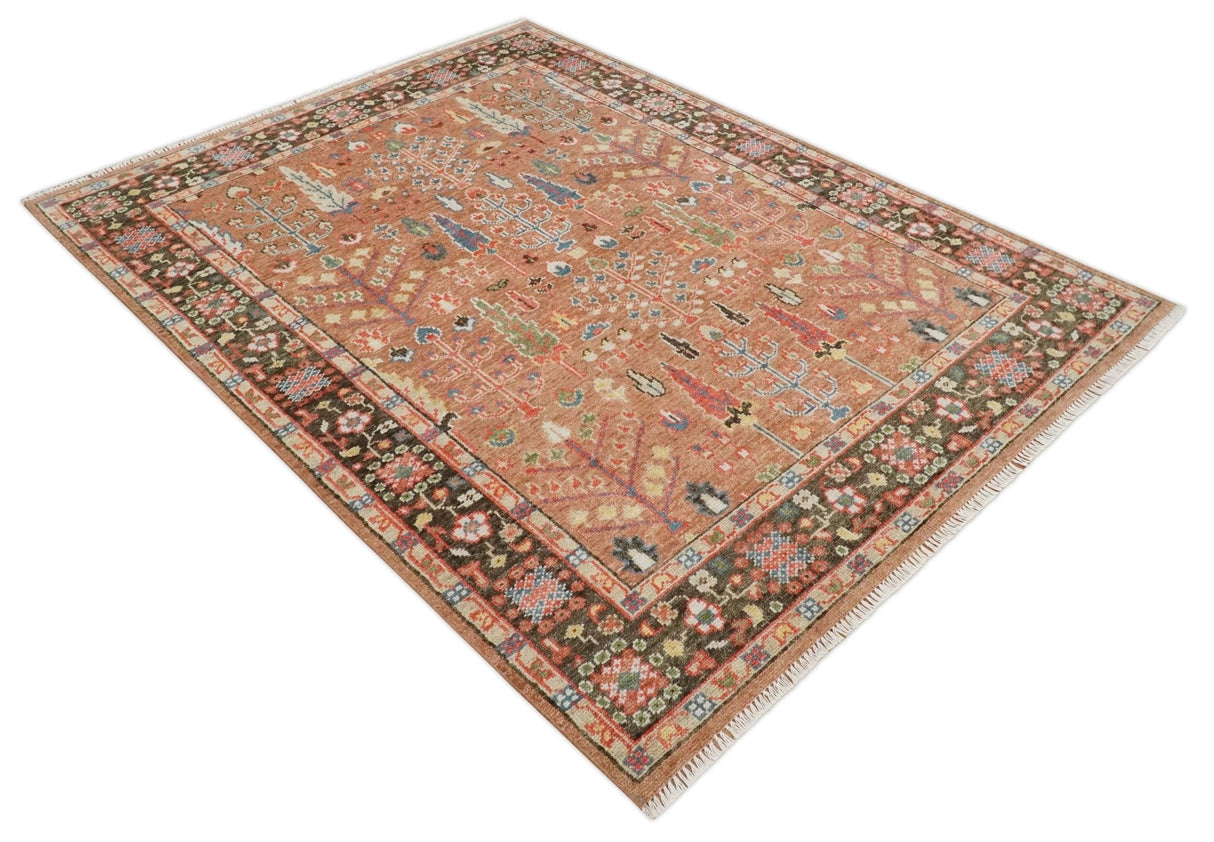 Traditional Oushak Tree of Life Rust and Brown Hand Knotted Wool Rug