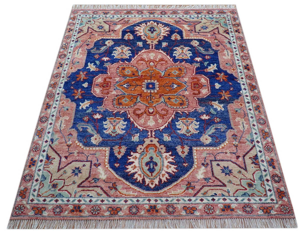 Traditional Serapi Design Blue And Pink Hand Knotted Wool Area Rug