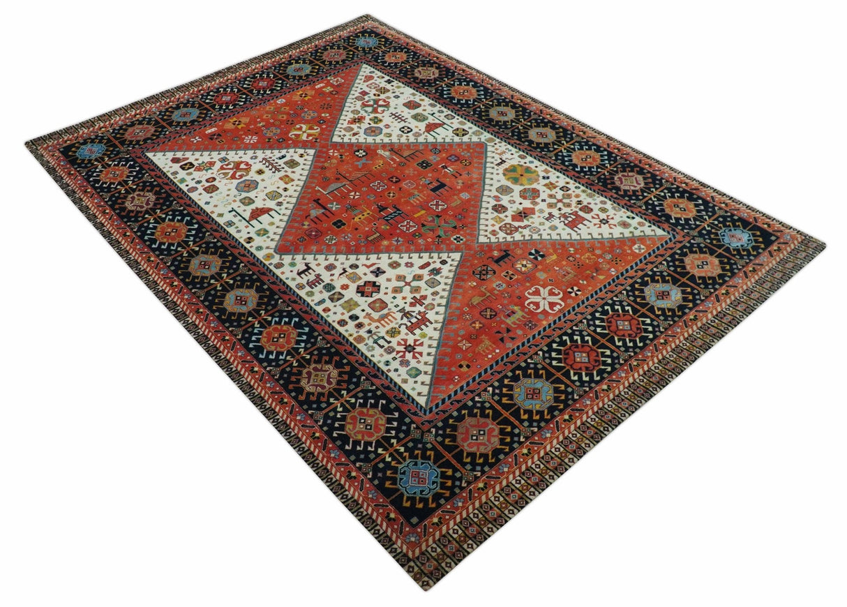 Traditional Tribal Rust And Ivory 8x11 Hand Knotted wool Area Rug