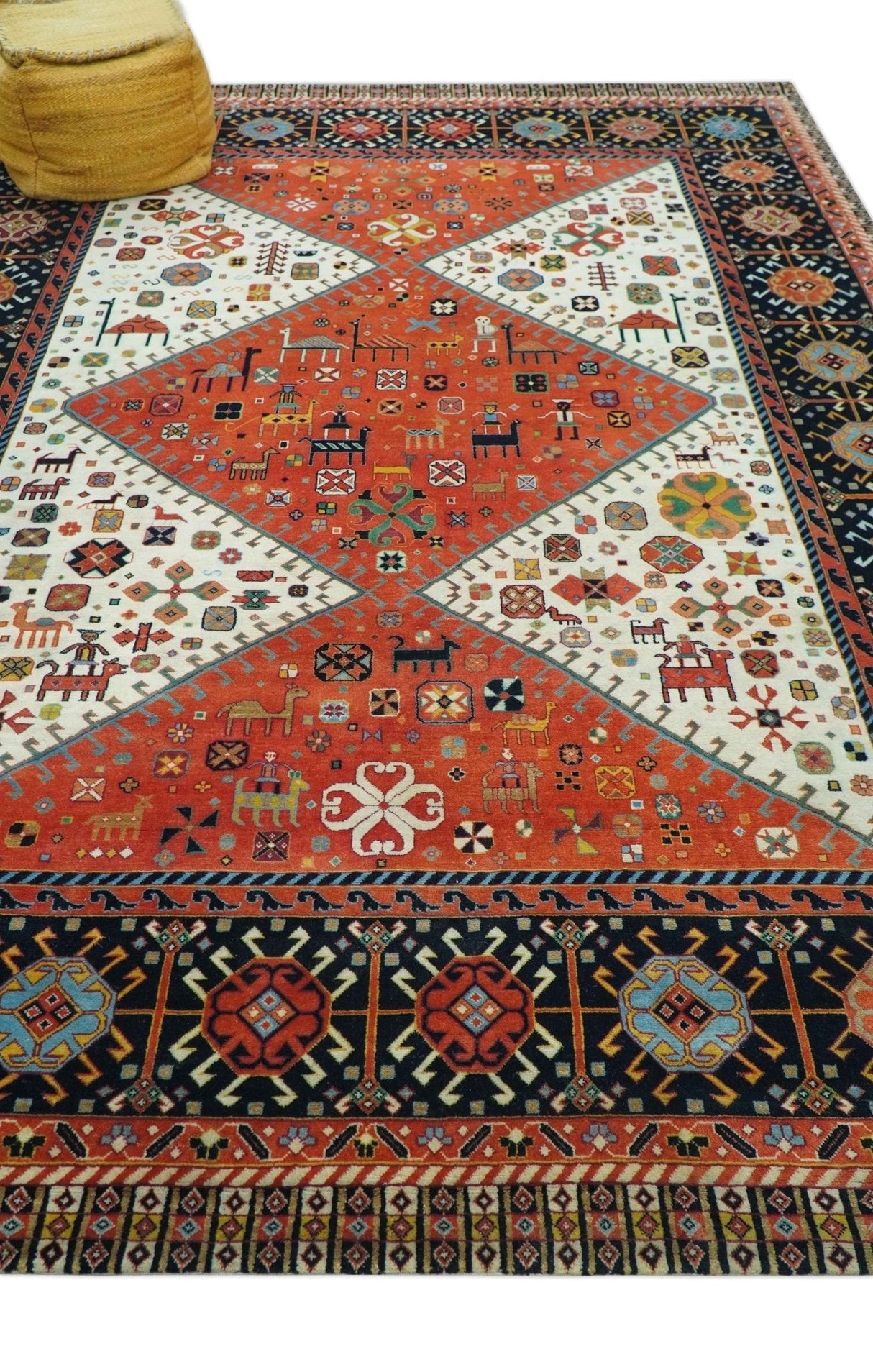 Traditional Tribal Rust And Ivory 8x11 Hand Knotted wool Area Rug