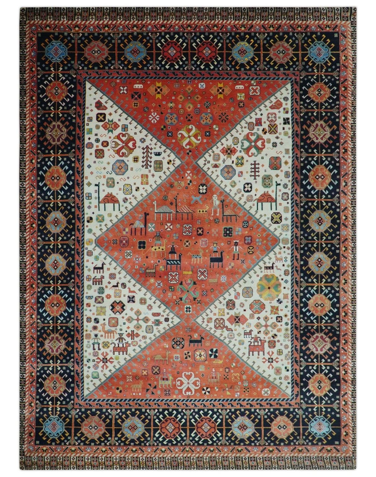 Traditional Tribal Rust And Ivory 8x11 Hand Knotted wool Area Rug