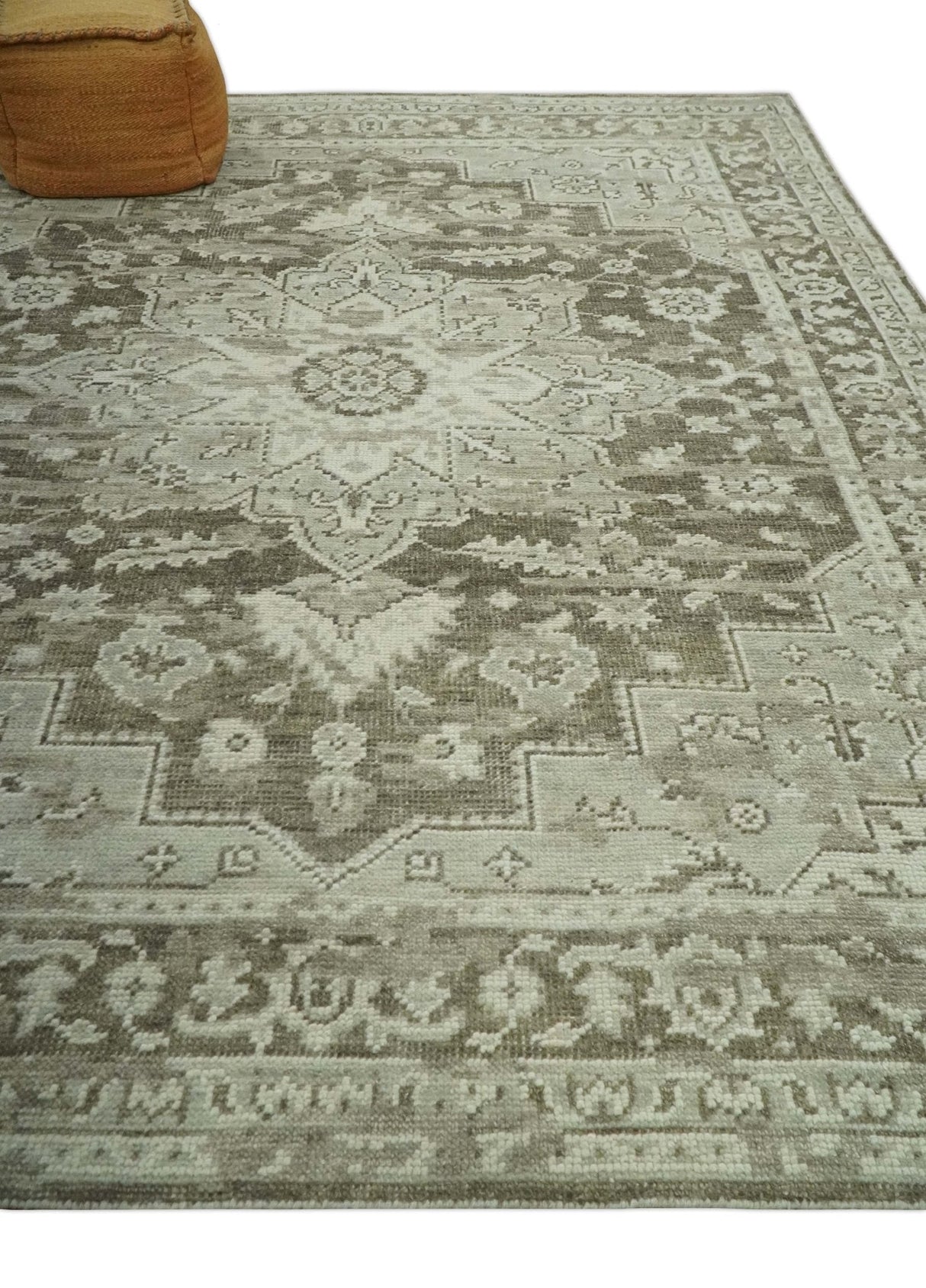 Traditional Turkish Design Beige And Brown Hand Knotted Custom Made wool rug