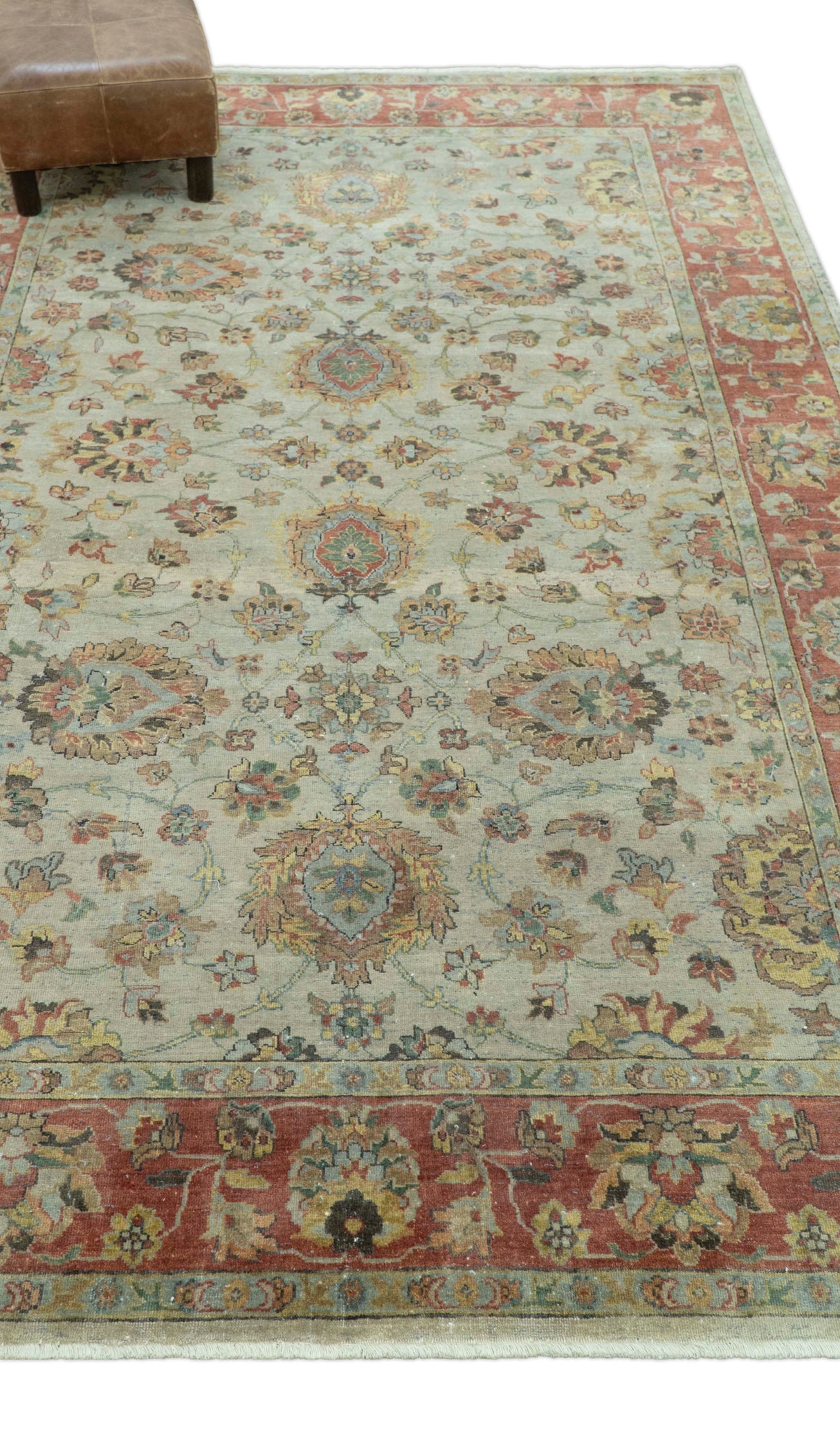 Traditional Turkish Design Beige and Rust 6x8.6 Hand Knotted Wool Area Rug