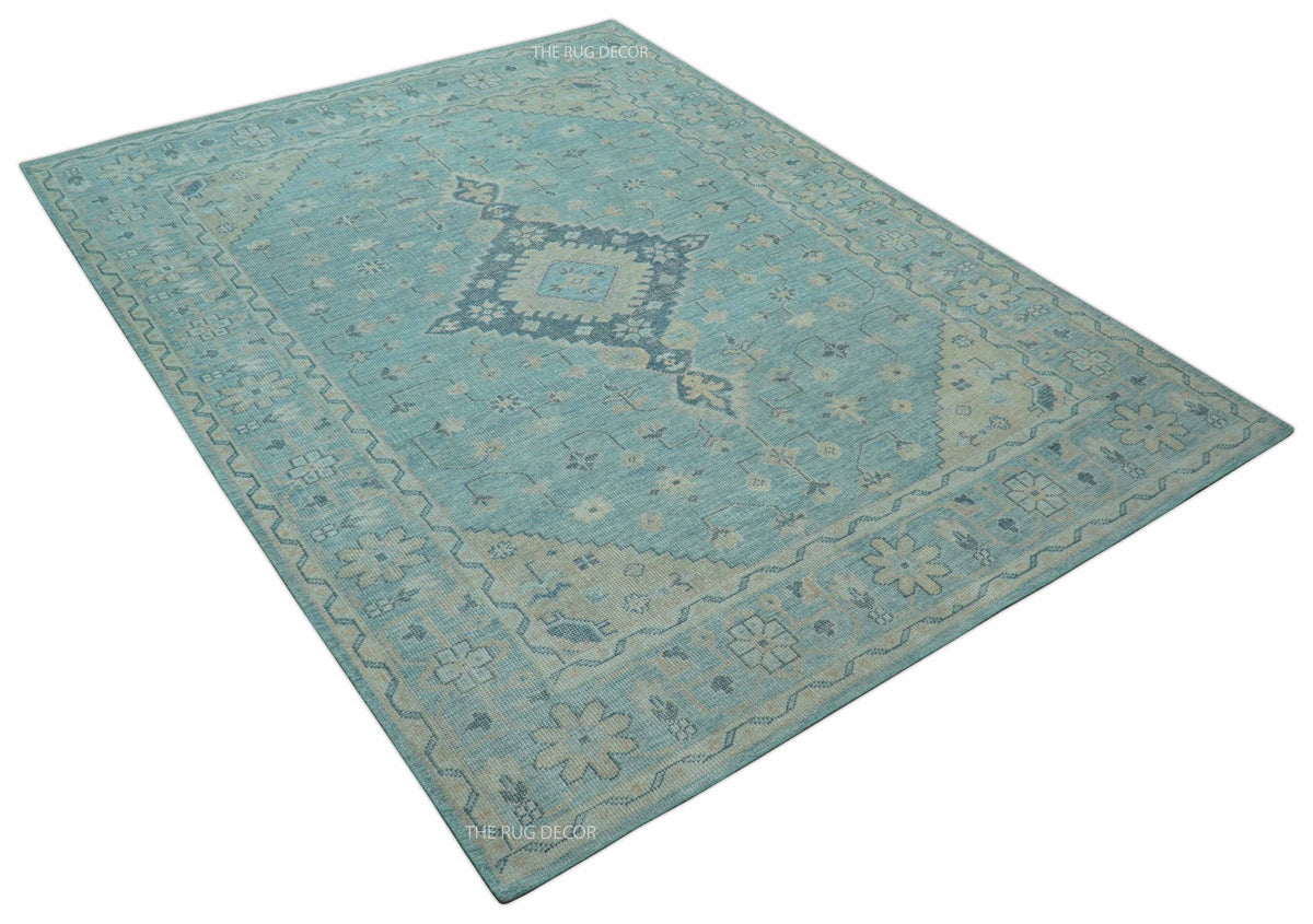 Traditional Turkish Design Blue And Beige Hand Knotted Wool Area Rug