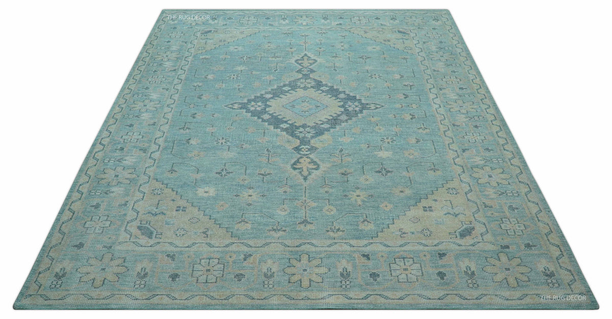 Traditional Turkish Design Blue And Beige Hand Knotted Wool Area Rug