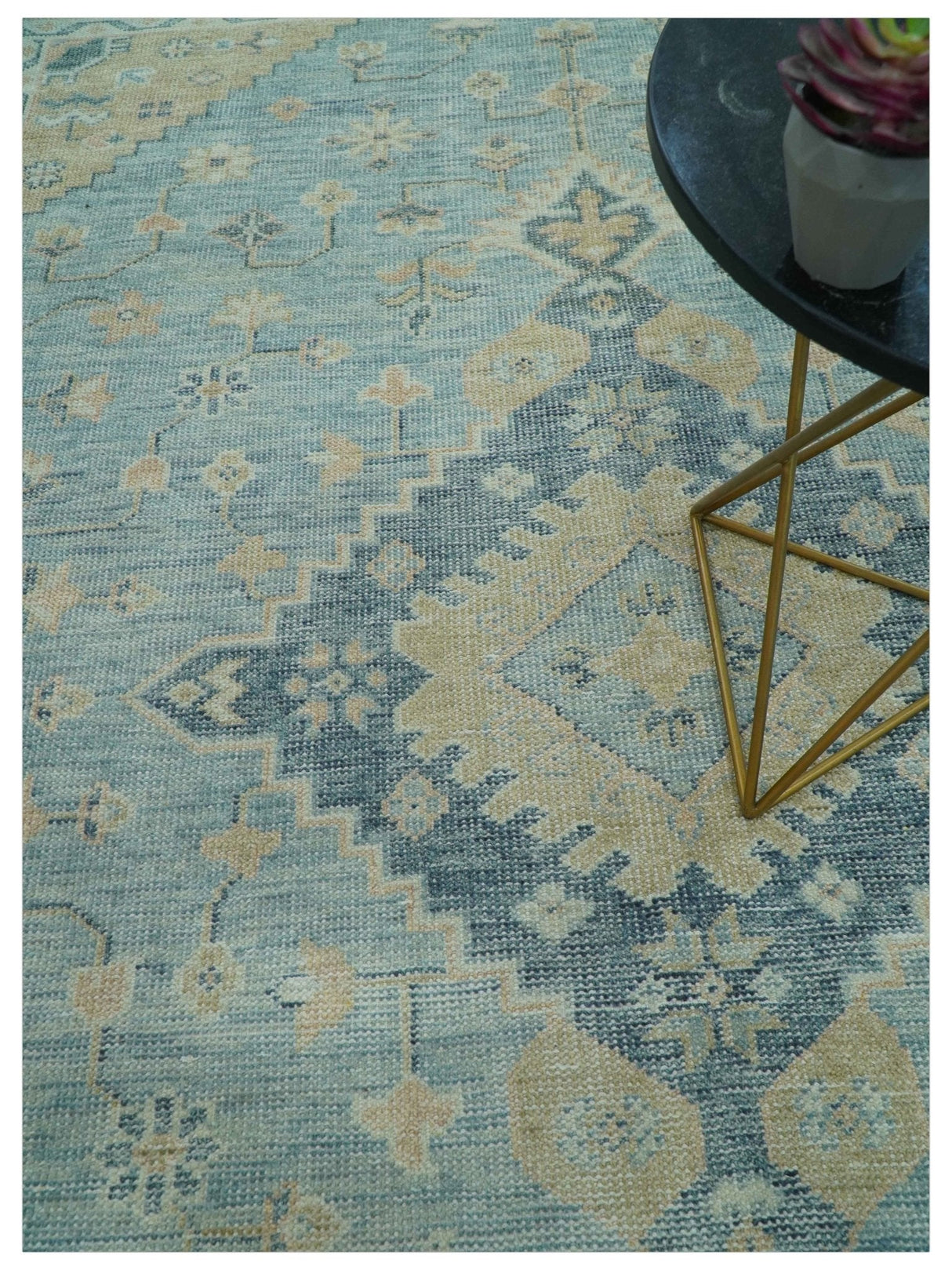 Traditional Turkish Design Blue And Beige Hand Knotted Wool Area Rug