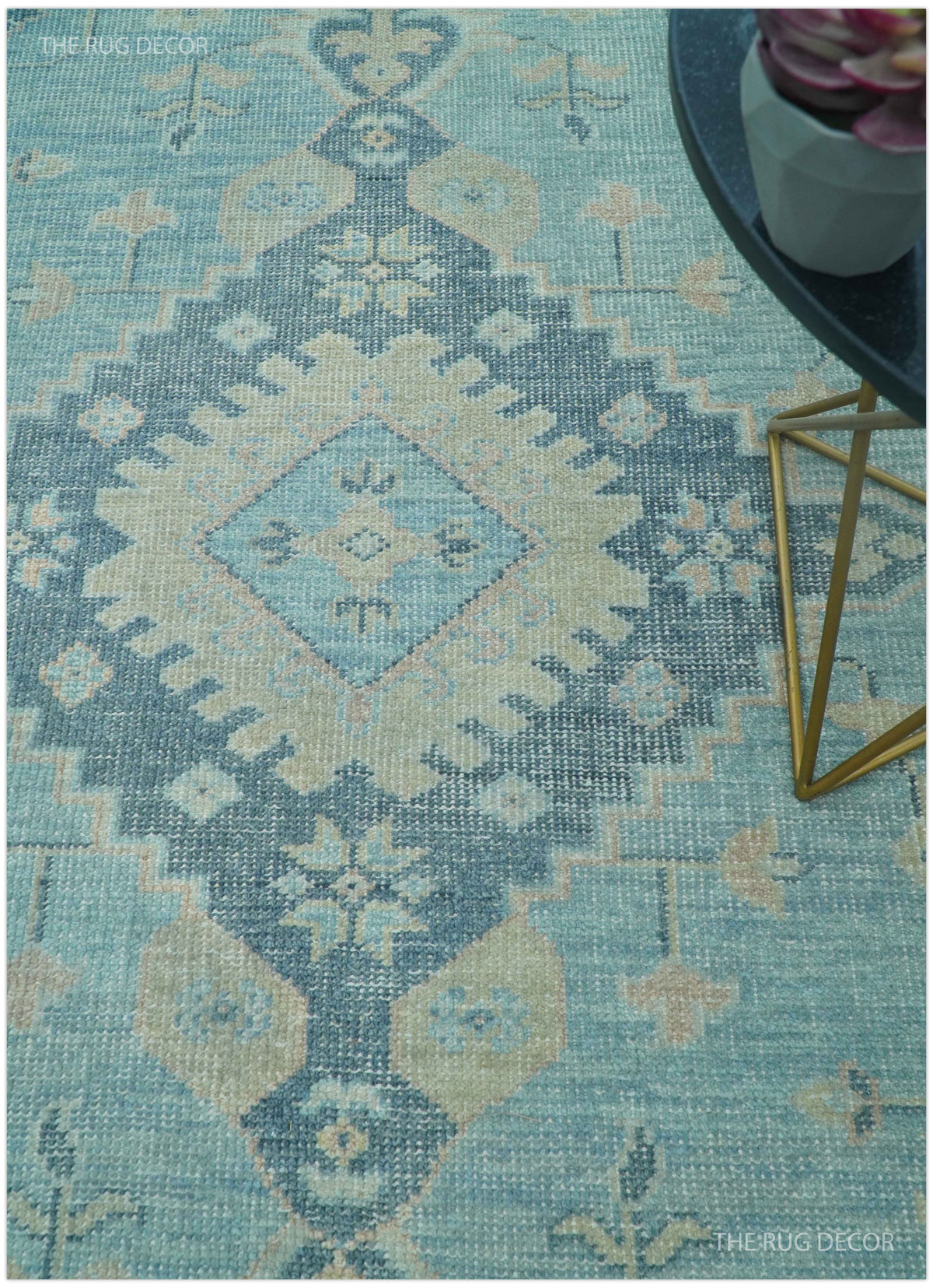 Traditional Turkish Design Blue And Beige Hand Knotted Wool Area Rug
