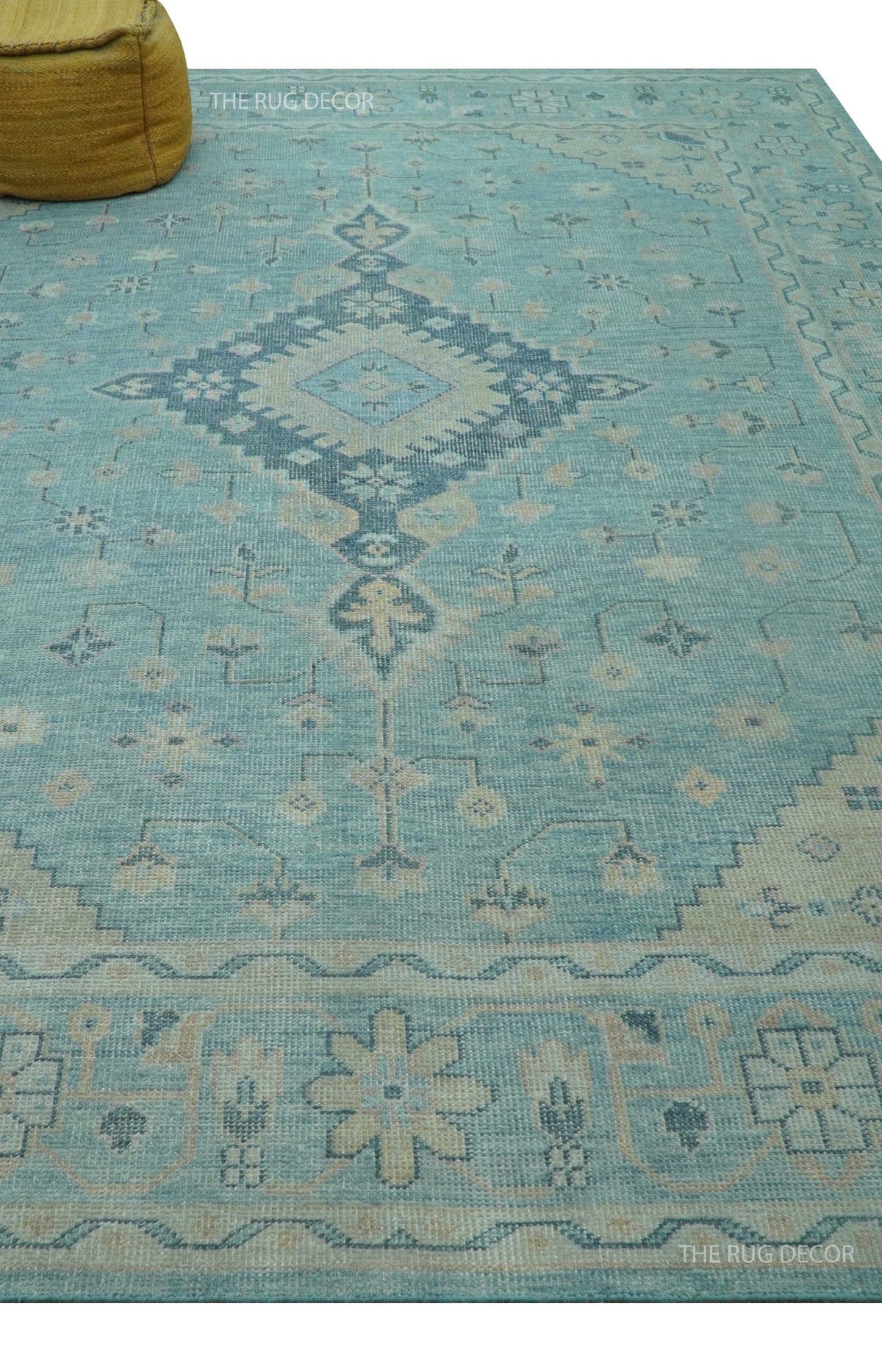 Traditional Turkish Design Blue And Beige Hand Knotted Wool Area Rug