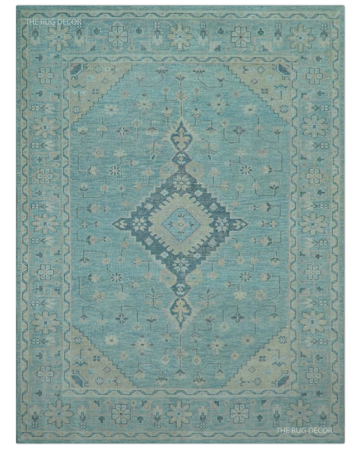 Traditional Turkish Design Blue And Beige Hand Knotted Wool Area Rug
