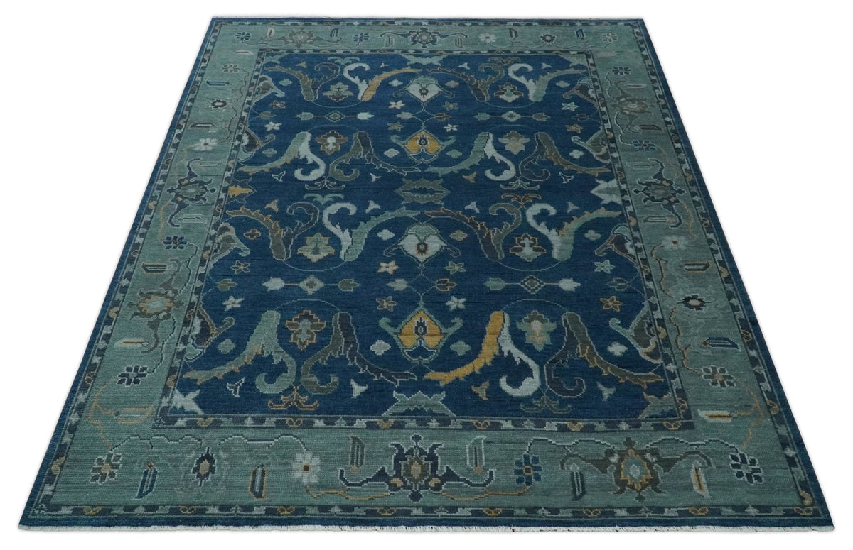 Traditional Turkish Design Hand Knotted Oriental Oushak Blue and Aqua Wool Area Rug
