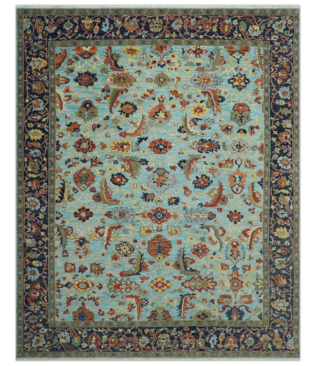 Traditional Turkish Knot Fine Blue And Rust Hand knotted Wool Area Rug