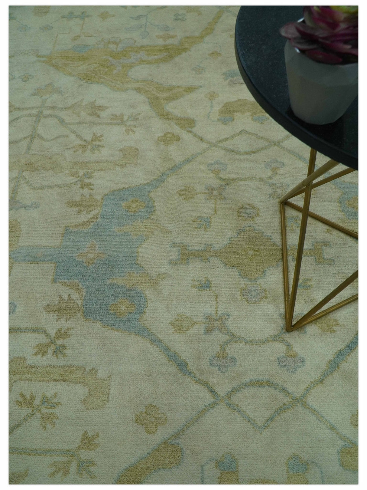 Traditional Turkish Oushak Design Beige And Blue Hand Knotted 12.4x15 Wool Area Rug