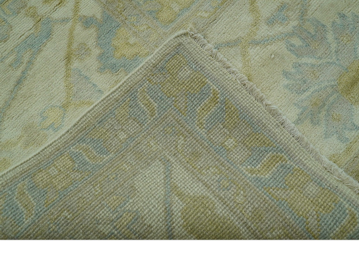 Traditional Turkish Oushak Design Beige And Blue Hand Knotted 12.4x15 Wool Area Rug
