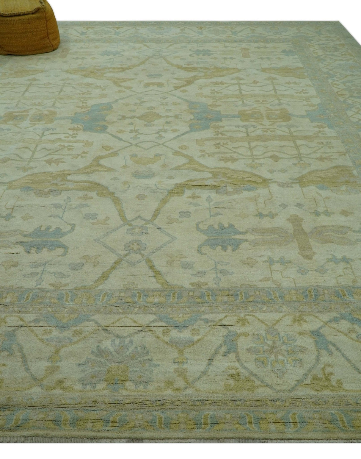 Traditional Turkish Oushak Design Beige And Blue Hand Knotted 12.4x15 Wool Area Rug