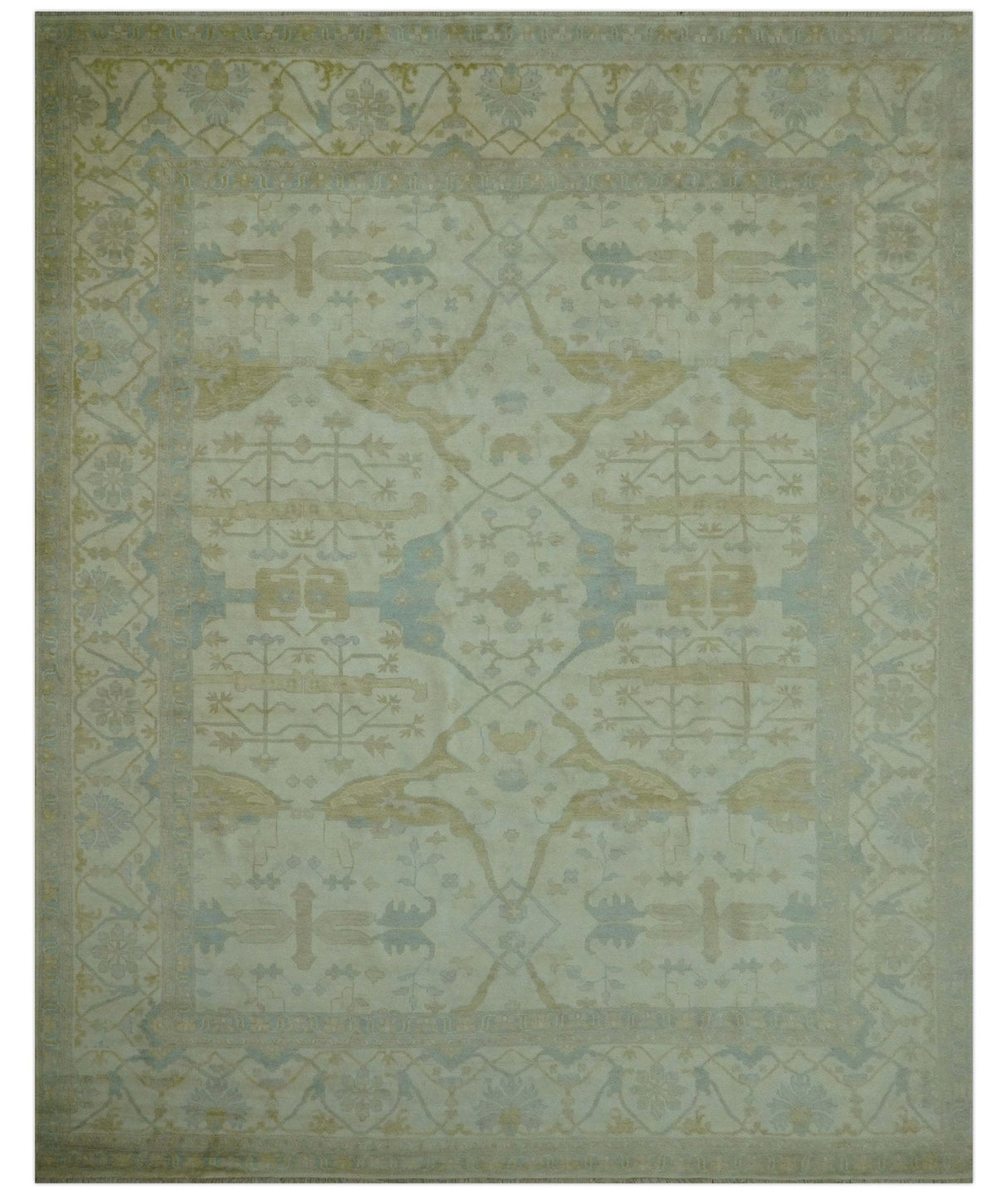 Traditional Turkish Oushak Design Beige And Blue Hand Knotted 12.4x15 Wool Area Rug