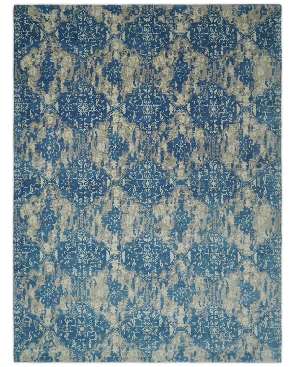 Transitional 9x12 Hand Knotted Blue and Ivory Ikat Pattern Traditional Wool Area Rug
