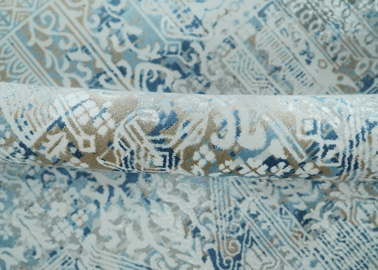 Transitional Blue and Ivory Antique Finish Art Silk Area Rug