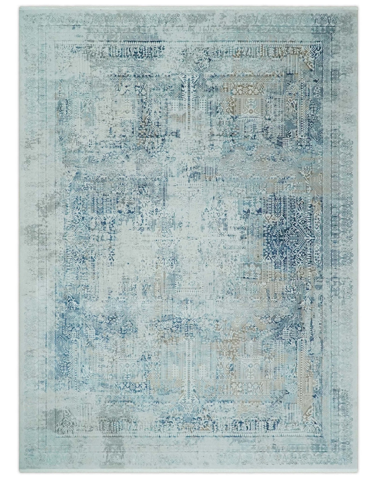Transitional Blue and Ivory Antique Finish Art Silk Area Rug