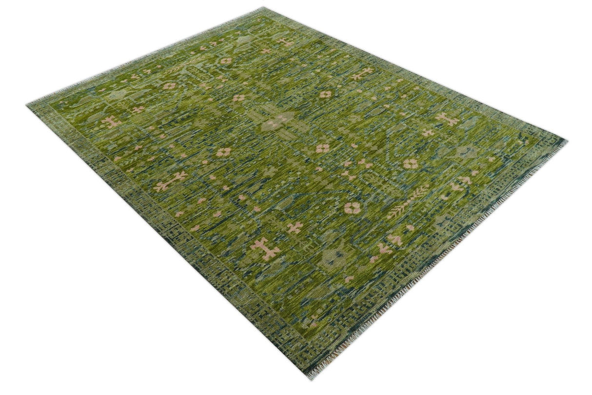 Transitional Design Green And Blue Hand Knotted Custom Made Wool Rug