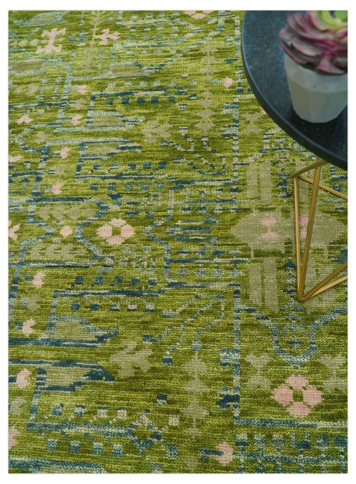 Transitional Design Green And Blue Hand Knotted Custom Made Wool Rug