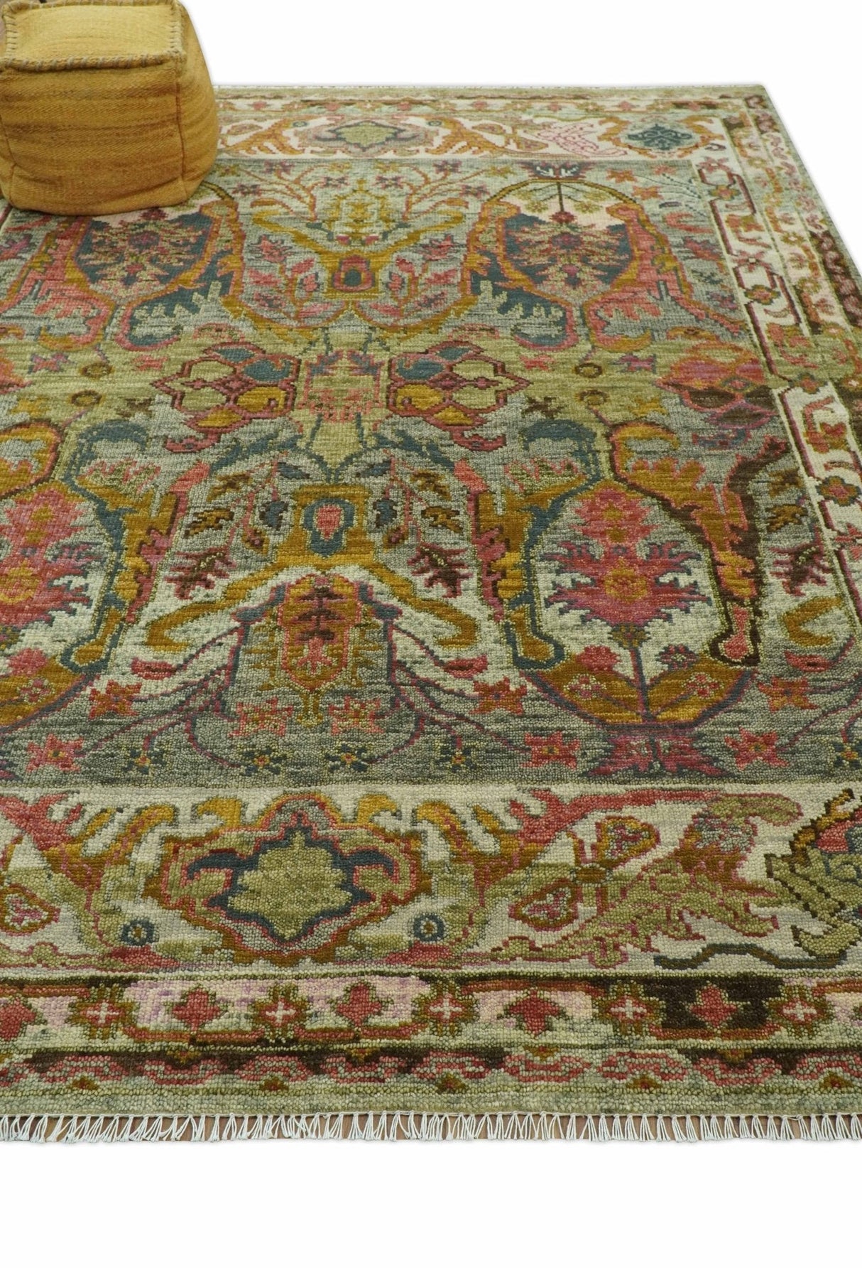 Transitional Green, Pink, Silver and Gold Hand Knotted Custom Made wool area rug