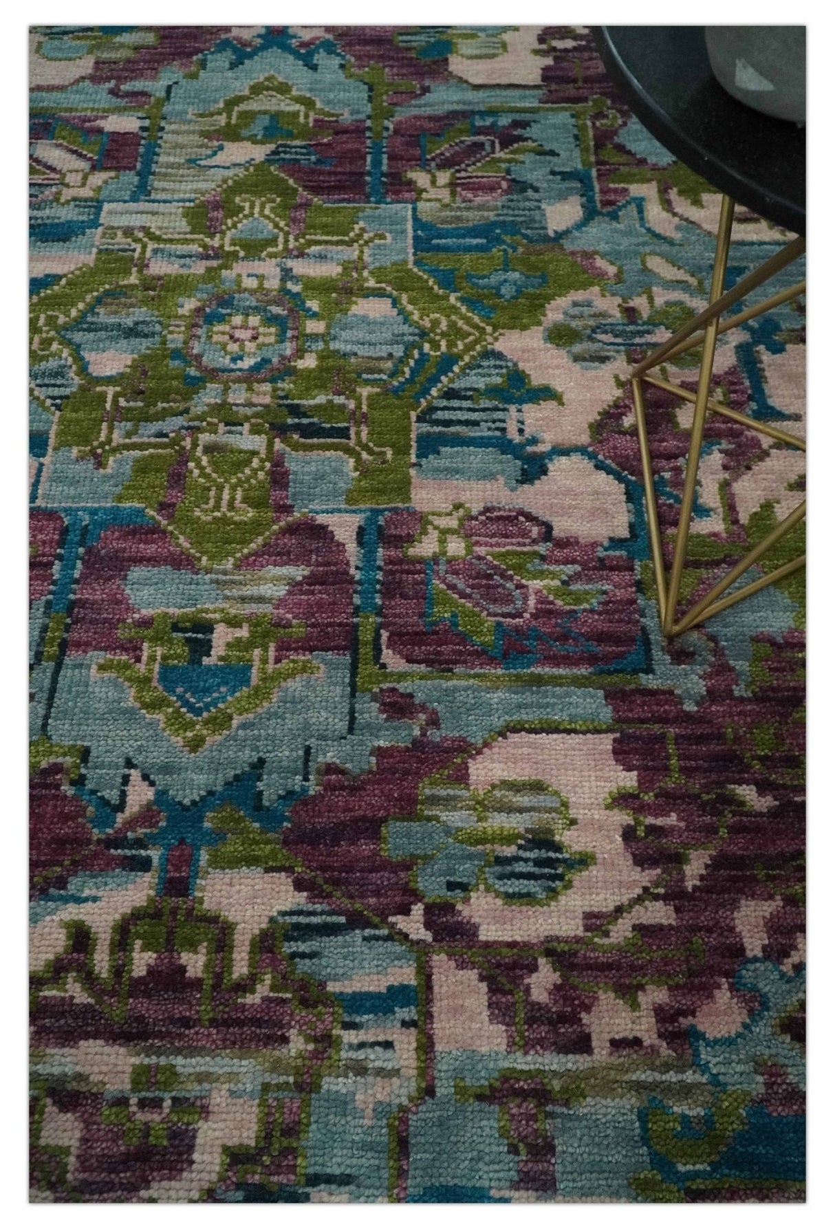 Transitional Hand Knotted Custom Made Green, Aqua, Peach and Purple Wool Rug