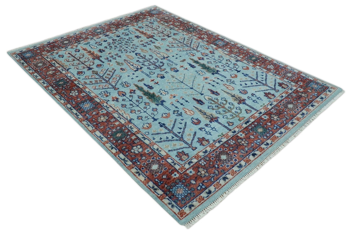 Tree of Life 8x10 Hand Knotted Blue and Rust Traditional Persian Vintage Oushak Wool Rug | TRD2747810S