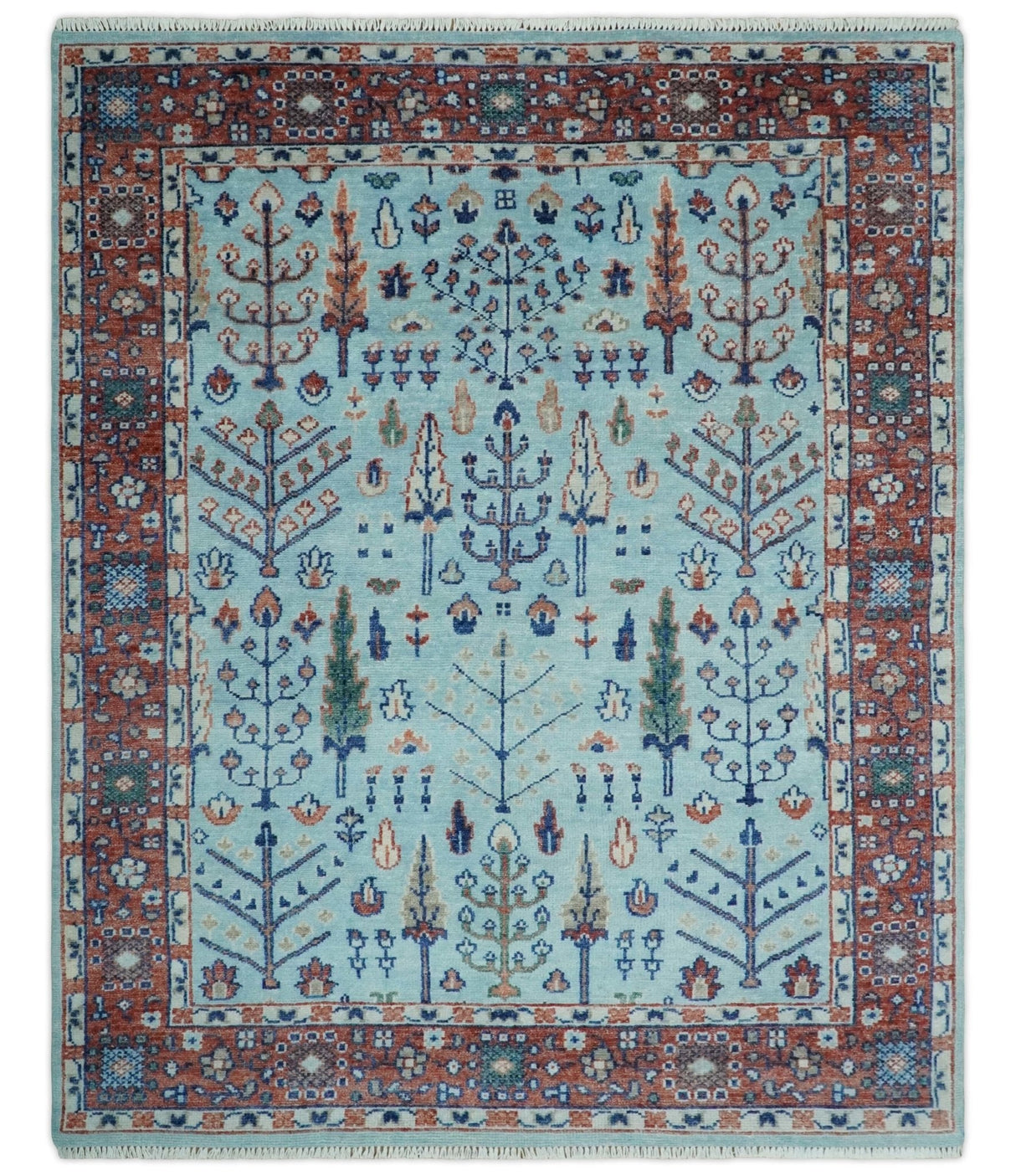 Tree of Life 8x10 Hand Knotted Blue and Rust Traditional Persian Vintage Oushak Wool Rug | TRD2747810S