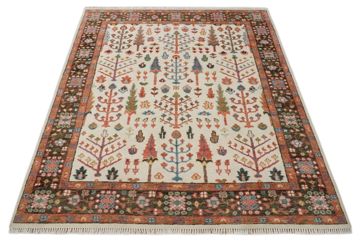 Tree of Life 8x10 Hand Knotted Ivory, Brown and Rust Traditional Oushak Wool Rug