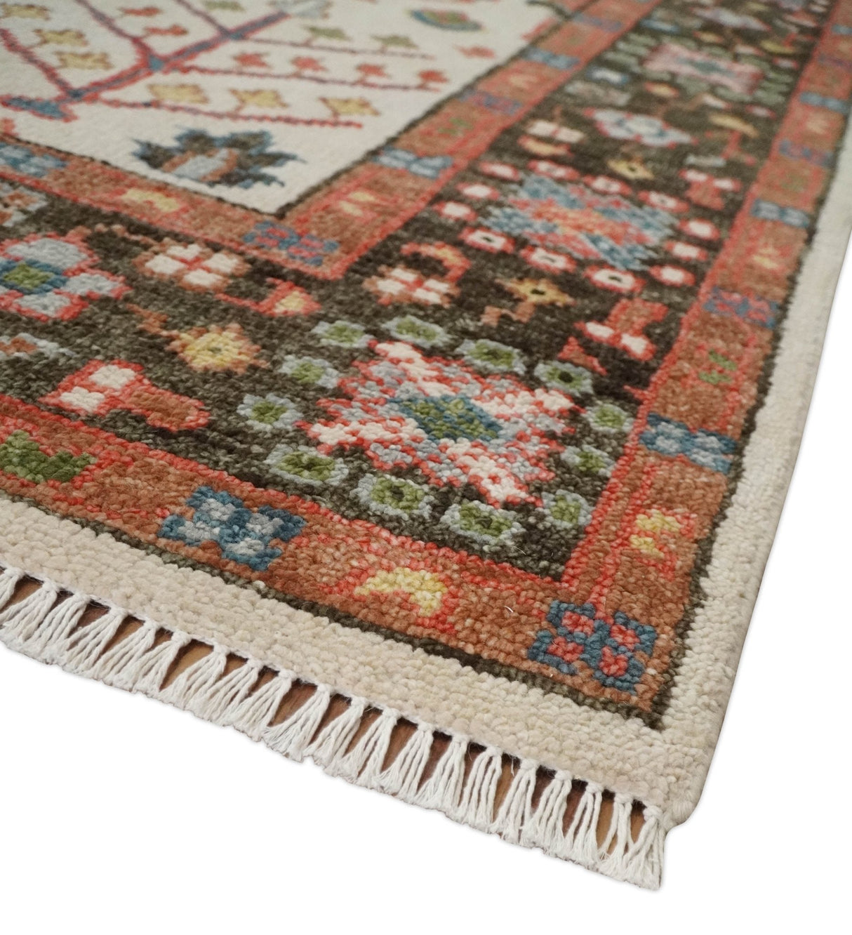 Tree of Life 8x10 Hand Knotted Ivory, Brown and Rust Traditional Oushak Wool Rug