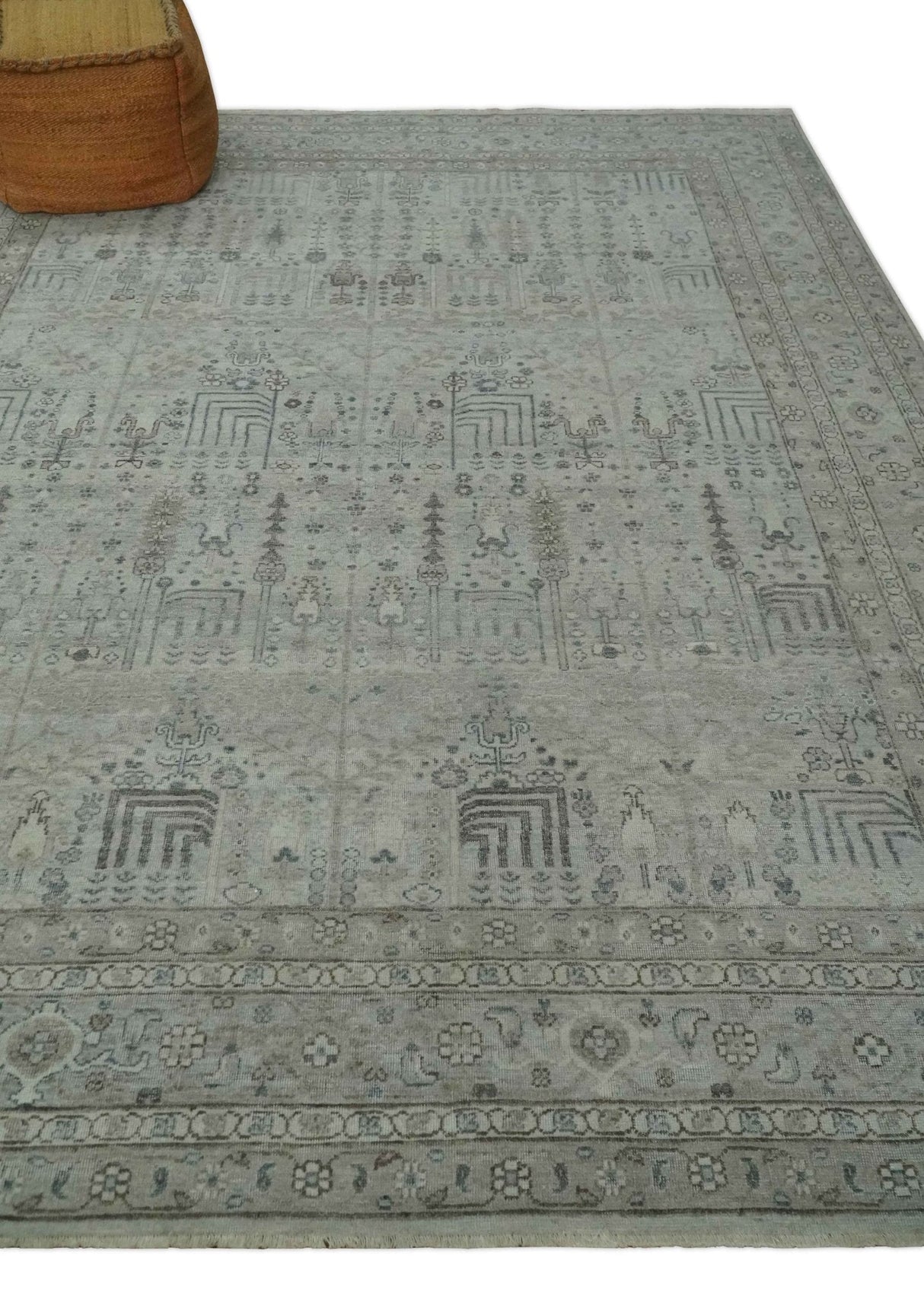 Tree of life Antique Distressed Finished Gray and Silver Low Pile Multi Size wool Area Rug