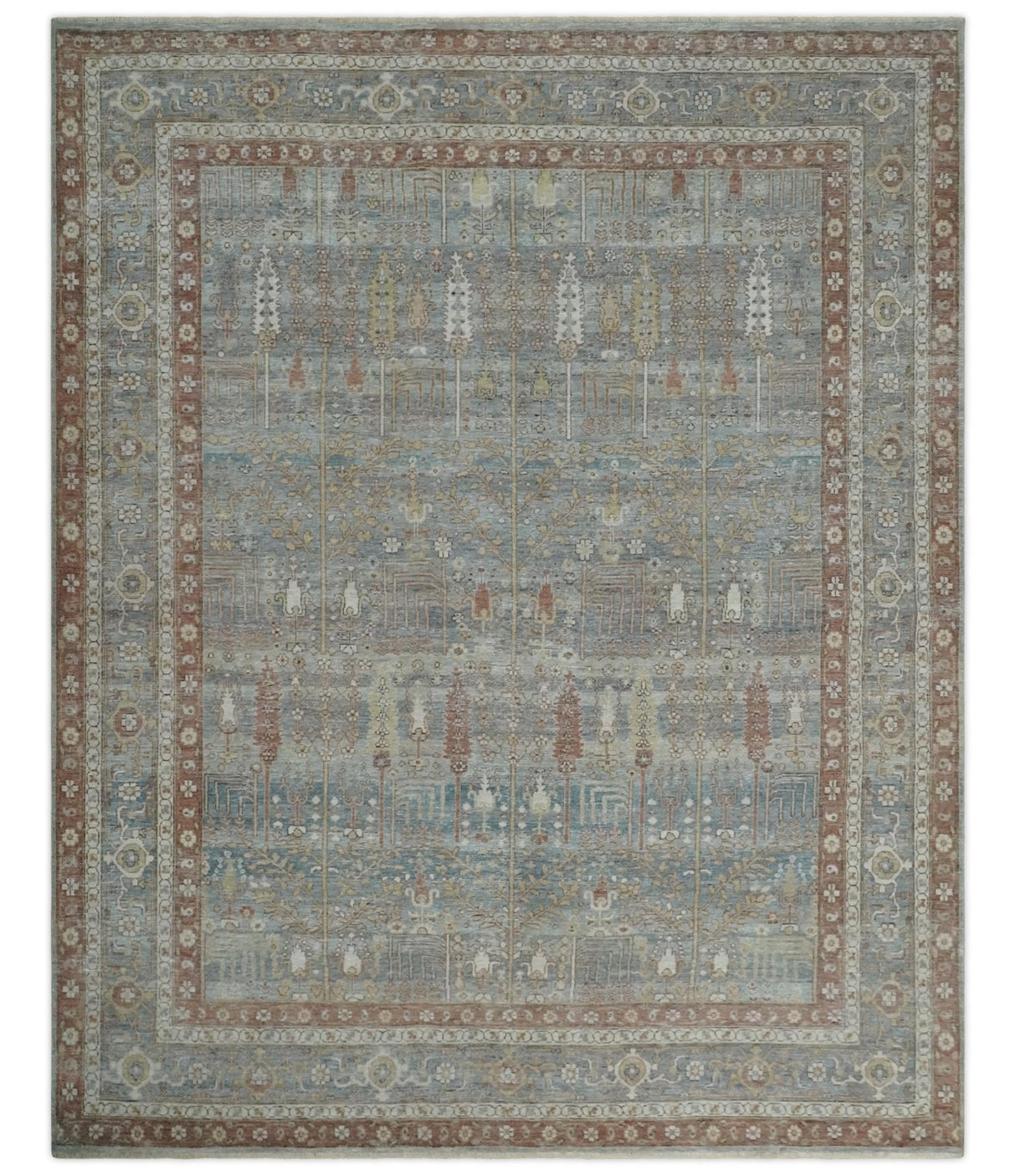 Tree of life Antique Distressed Finished Gray, Silver and Rust Low Pile Multi Size wool Area Rug