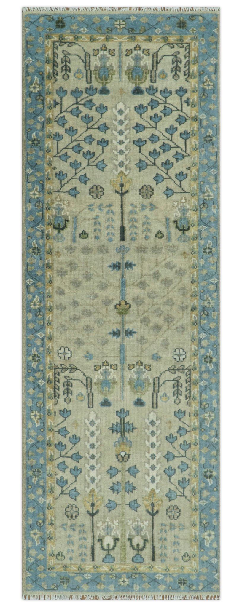 Tree of life Beige and Blue Traditional Hand Knotted Multi Size Wool Area Rug