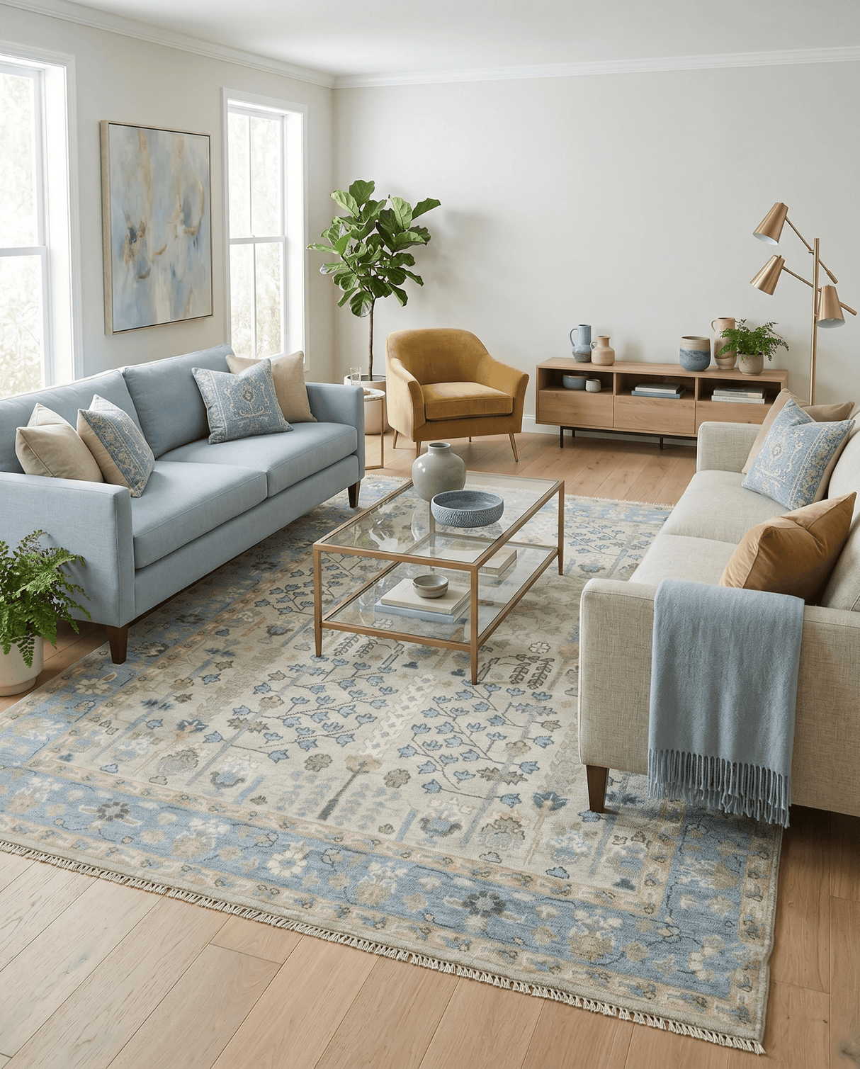Tree of life Beige and Blue Traditional Hand Knotted Multi Size Wool Area Rug