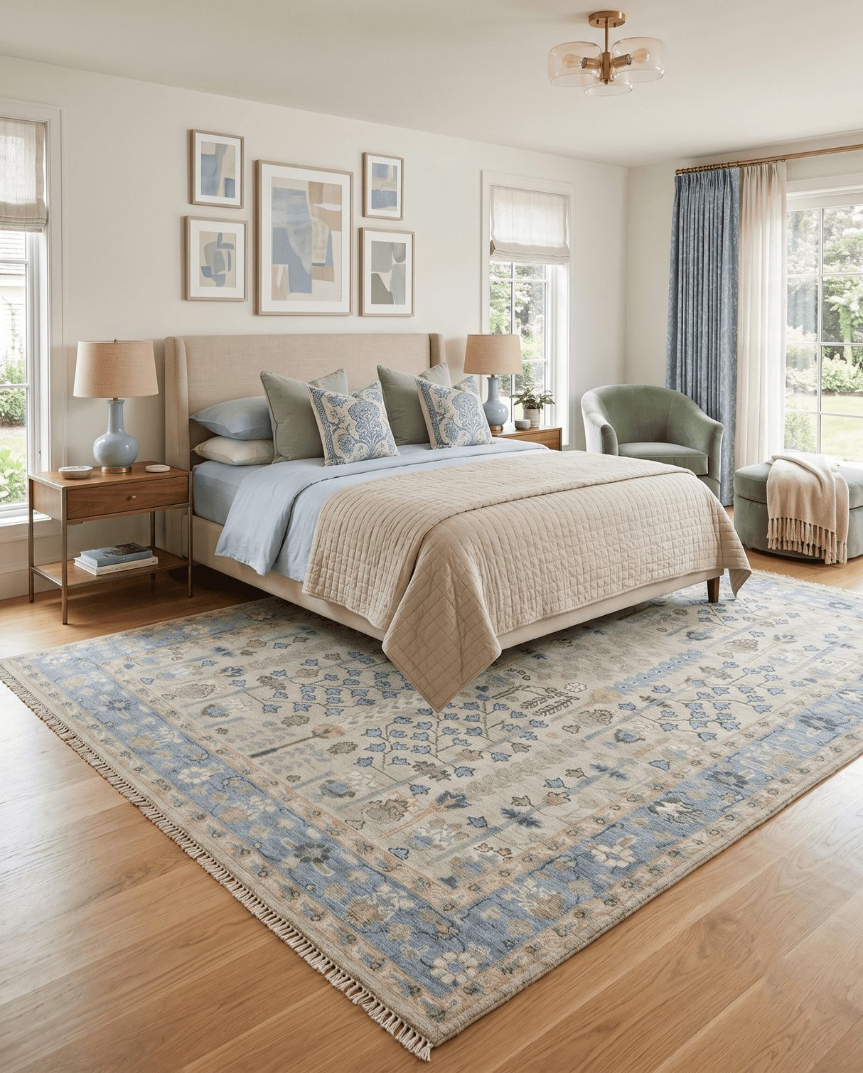 Tree of life Beige and Blue Traditional Hand Knotted Multi Size Wool Area Rug
